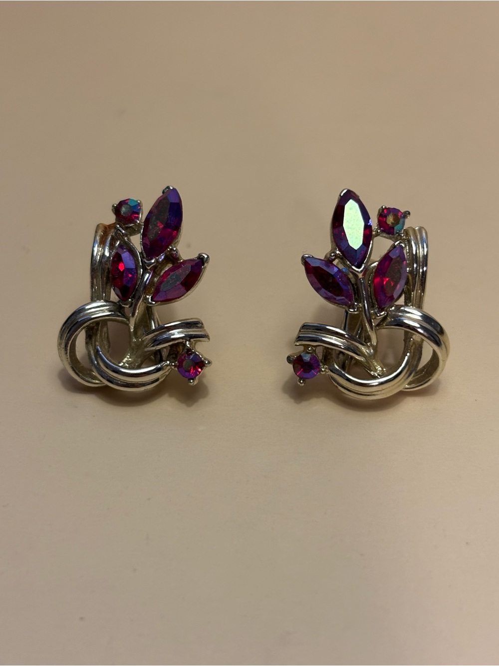 Vintage Silver Clip Earrings with Fushia AB Marquise Stones 1”
